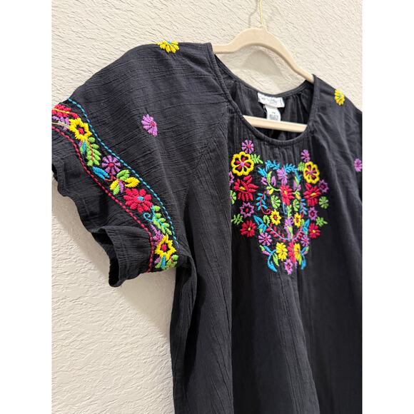 Go Softly Patio Dress Black Patio House Dress Embroidered Flowers 100% Cotton - Picture 6 of 6